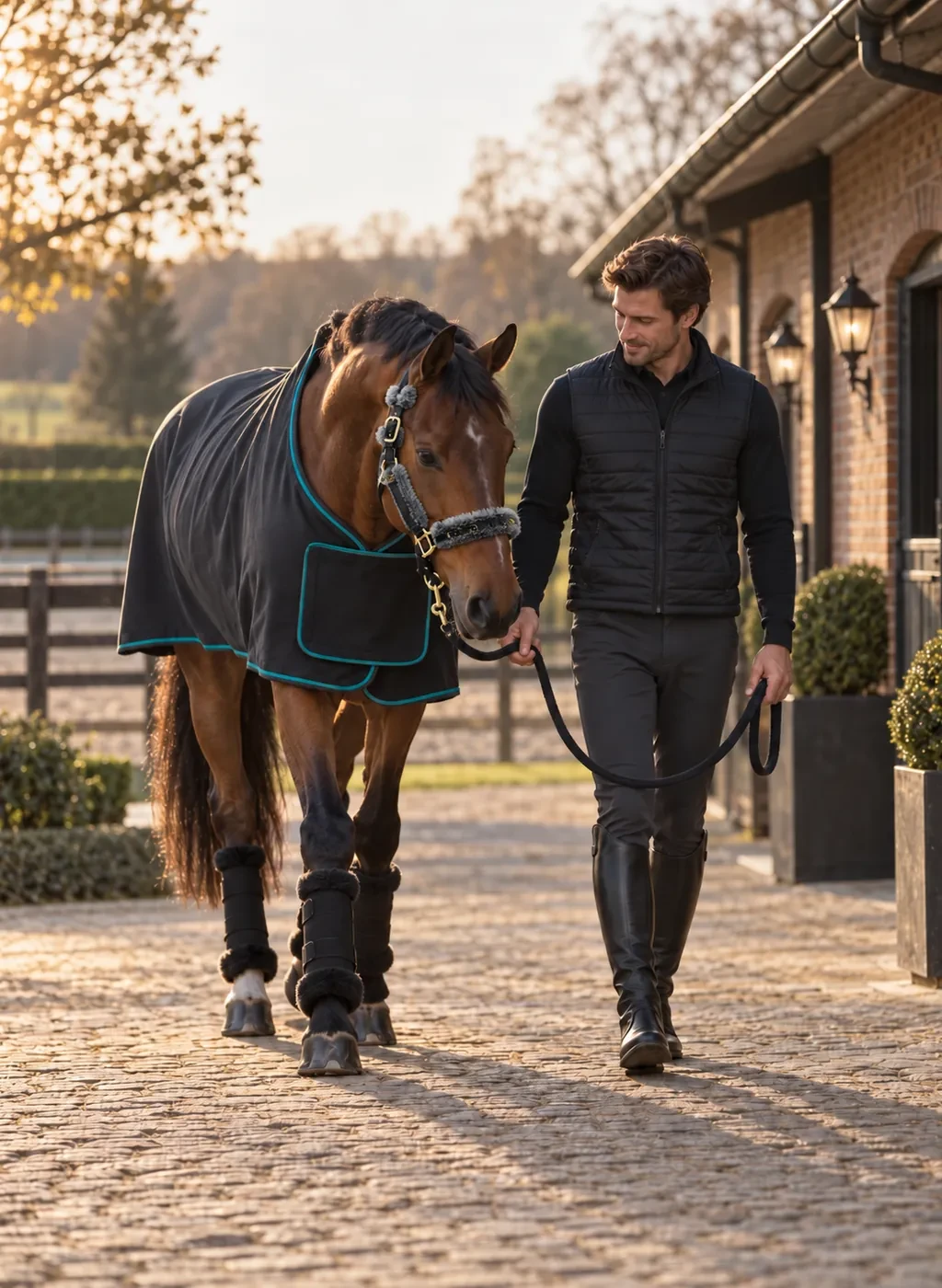 A rider walking a rugged horse out of the yard at dusk, the two of them side by side and in step